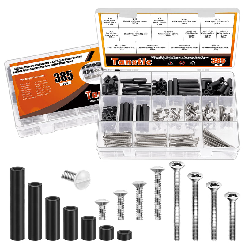 Tanstic 385Pcs Extra Long Outlet Screws & Wall Plate Screws & Electrical Outlet Screws Spacers Kit, Long Electrical Outlet Screws Outlet Cover Screws Black Nylon Round Spacer