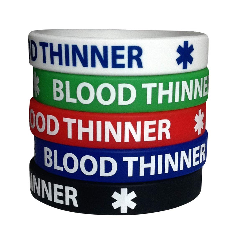 Blood Thinner Silicone Bracelets - ID Medical Alert - 5 Pack Wristbands - Medical Bracelet - Adult Size for Men Women 7.8" inches