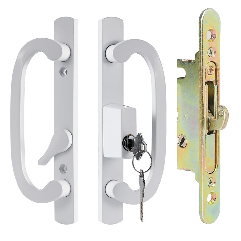 Keyed Sliding Patio Door Handle Set with Mortise Lock, Zinc Diecast, Offset Thumbturn, Fits 1-5/8" to 1-3/4" Door Thick, 3-15/16" Hole Spacing, Non-Handed, White Keyed Set