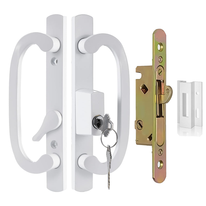 Keyed Sliding Patio Door Handle Replacement with Zinc Diecast I/E Pulls, Offset Thumbturn - Fits 1-3/8" to 2-1/4" Thick Door, 3-15/16" Hole Spacing, Non-Handed, with Mortise Lock + Keeper 3-15/16" Offset White Keyed