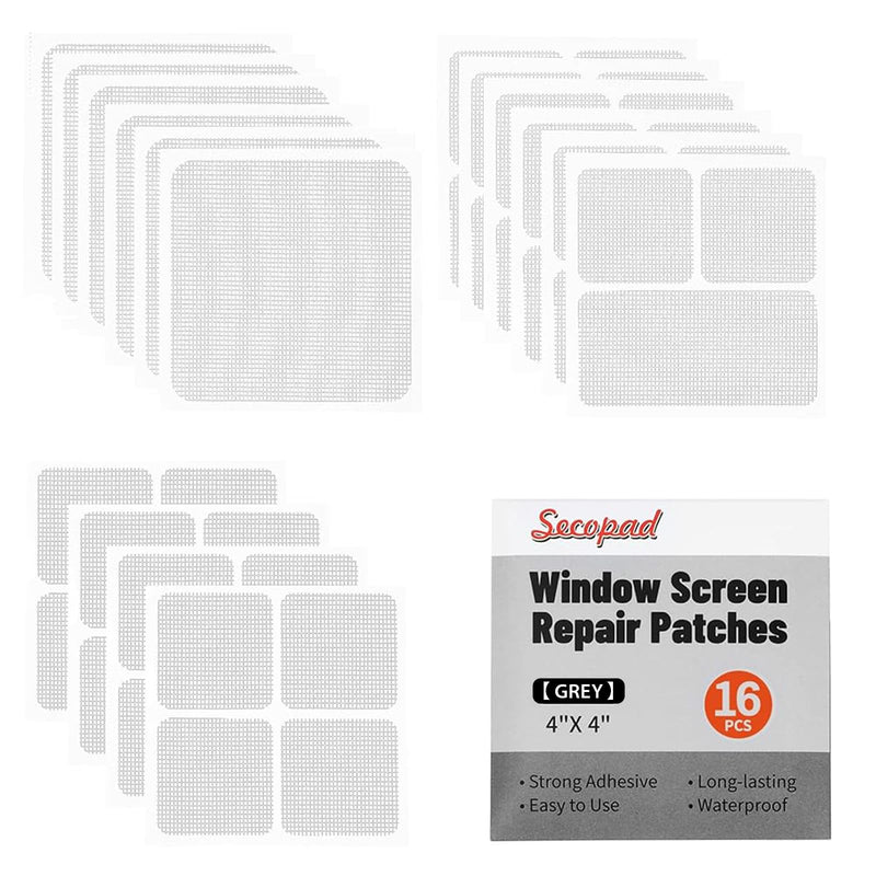 16 Sheets Window Screen Patches, Grey 3 Sizes Window Screen Repair Kit for Mesh Door, Strong Adhesive Fiberglass Quick Repair Tape