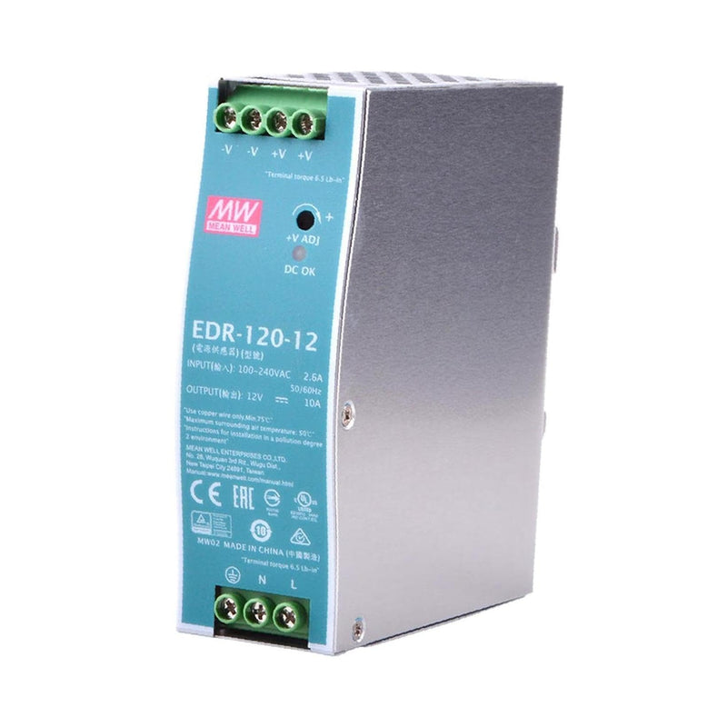 EDR-120-12 12 Volt AC-DC DIN Rail Power Supply, 120W, 10A; Metal Encased for Enhanced Heat Dissipation in Electromechanical Systems Industrial Power Supply