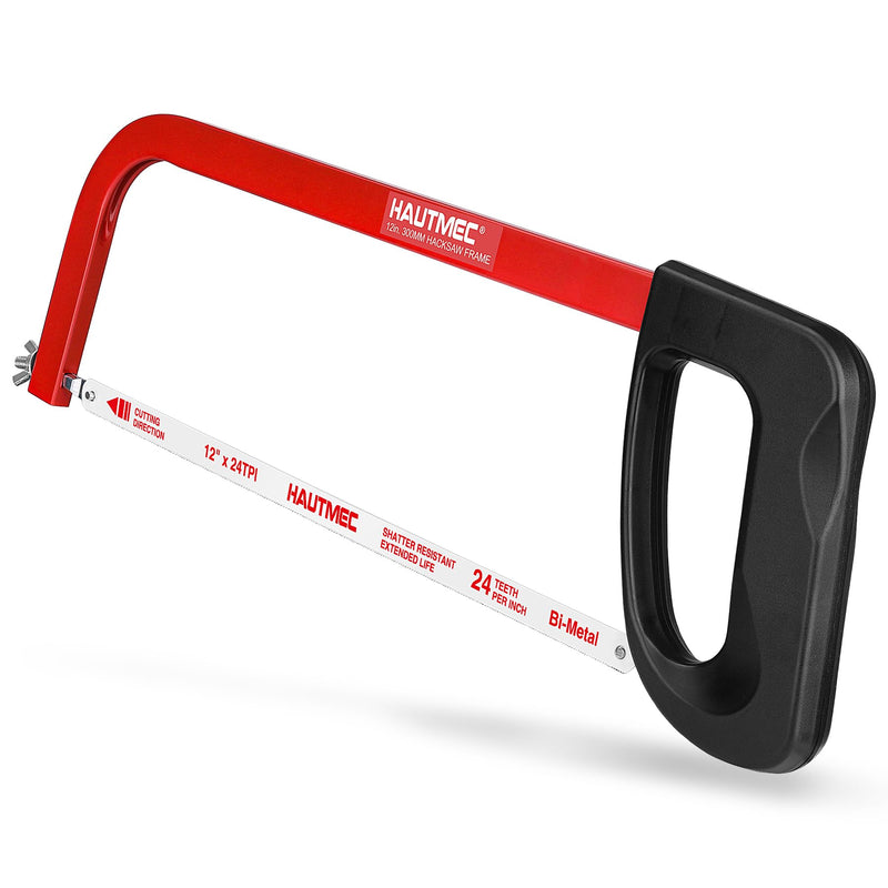 HAUTMEC 12 inch Hand Saw High Tension Hacksaw Frame with 24 TPI Bi-Metal Blade, Hack Saw For Metal, Wood, Steel Pipe, PVC Cutting, HT0398 12" Junior Hacksaw