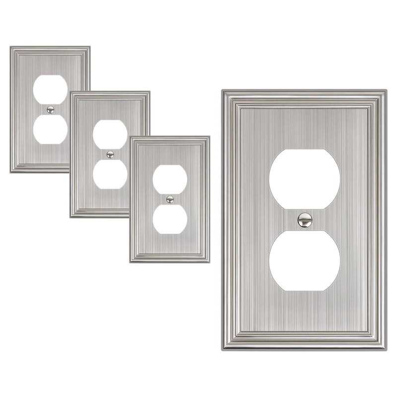 4-Pack Duplex Outlet Cover, Durable Solid Zinc Alloy Decorative Switch Plates and Outlet Covers, Brushed Nickel Wall Plates for Electrical Outlet, 1 Gang Receptacle Cover, Corrosion Resistant 1 Duplex 4PK
