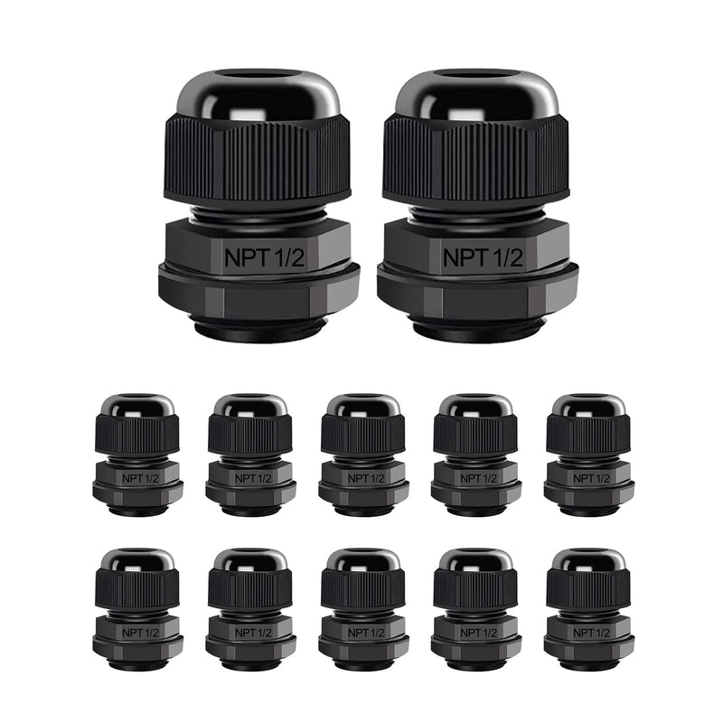 AIRIC 12 Pcs 1/2" NPT Cable Glands Nylon PA66, IP68 Waterproof Adjustable Power Strain Relief Cord Grips, Junction Box Wire Gland Grip Connectors with Gaskets and Locknut, Black NPT 1/2" 12pcs
