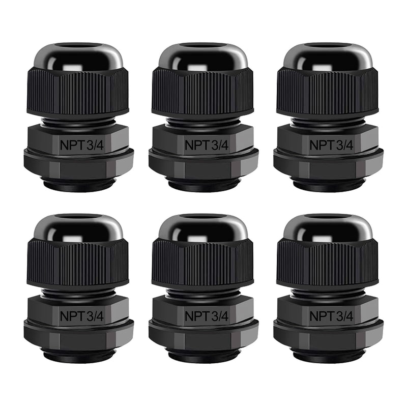 AIRIC 3/4" NPT Cable Glands Nylon PA66, IP68 Waterproof Adjustable Power Strain Relief Cord Grips, Junction Box Wire Gland Grip Connectors with Gaskets and Locknut, Black 6 Pcs NPT 3/4" 6pcs