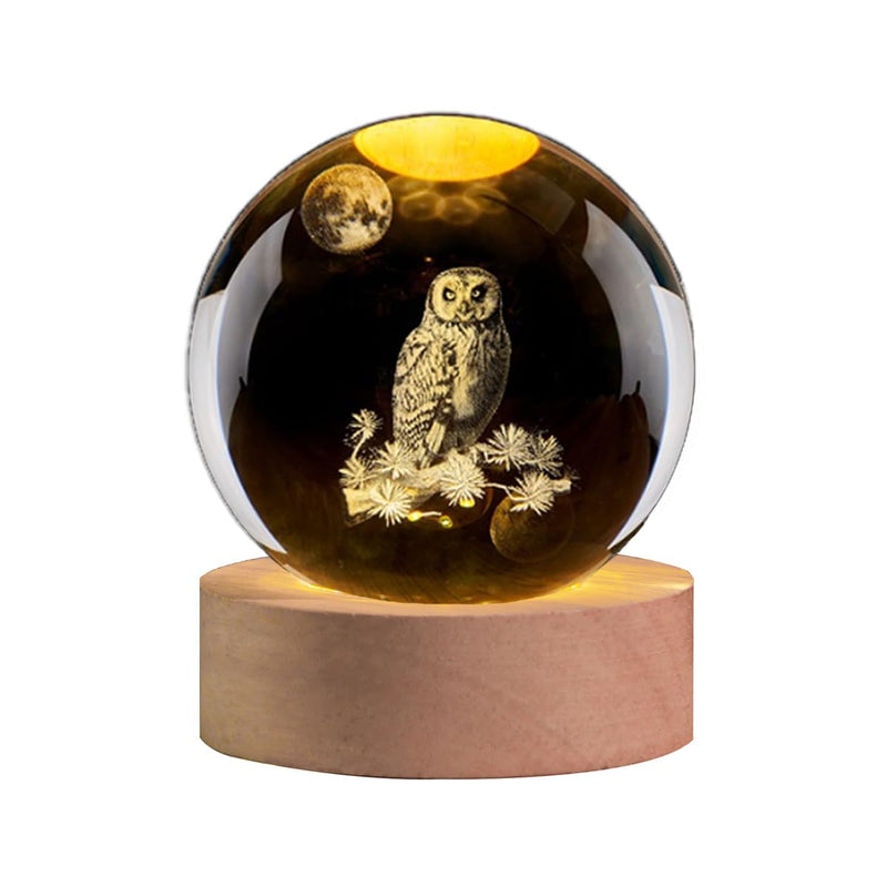 3D Owl Crystal Ball Night Light with LED Stand,Crystal Owl Figurine Lamp,Laser Etched Engraved Glass Paperweight,Owl Decor Gifts for Women Kids(2.4 in)