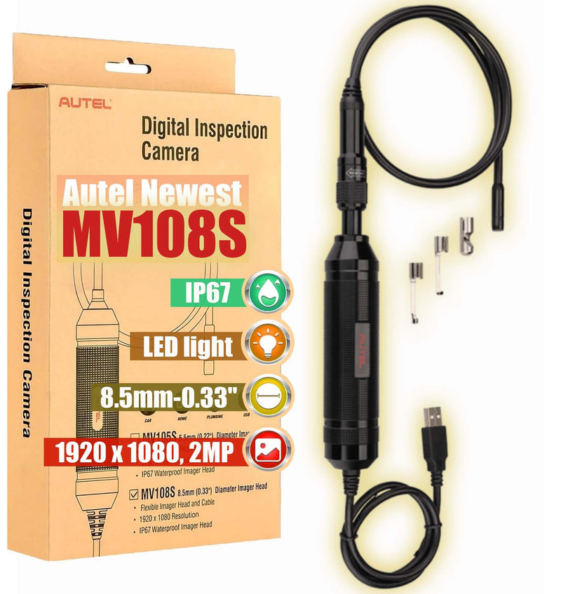 Autel MaxiVideo MV108S Digital Inspection Camera, 2025 Upgrade MV108/MV105S IP67 Waterproof 8.5mm Borescope 39.37'' 2MP Camera + LED Light 1920x1080 Compatible with Autel Scanner & PC