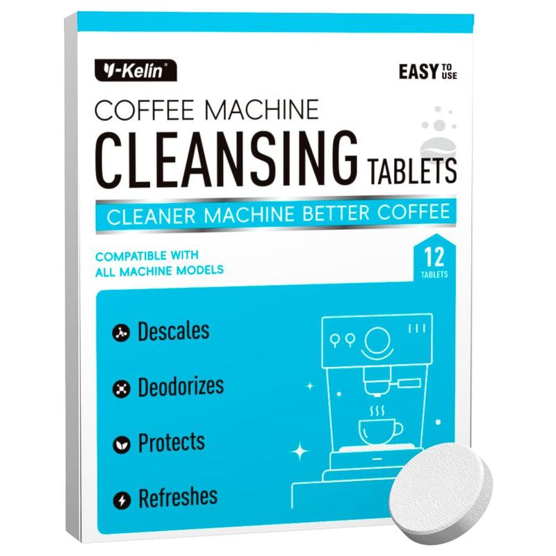Y-Kelin Coffee Maker Cleaner And Descaler Tablets - 12Count Descaling & Cleaning Solution for Coffee Makers, Pot, Espresso Machines Removes Stains & Oils