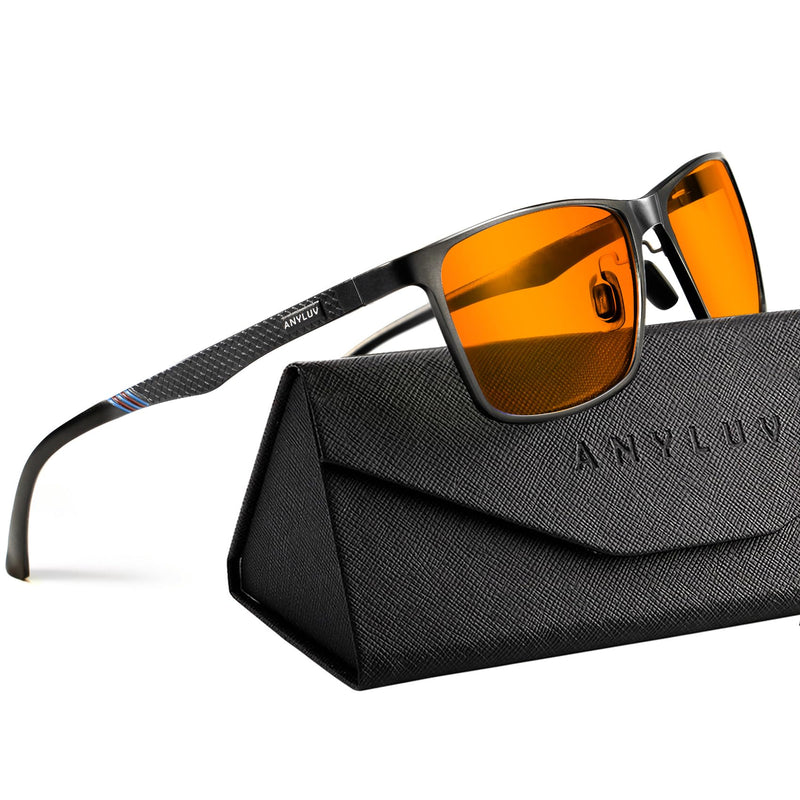 ANYLUV Blue Light Glasses Men, Relieve Eyestrain and Eye Protection, Al-Mg Metal Computer Blue Light Blocking Glasses (Max Protection) 01- Black Orange