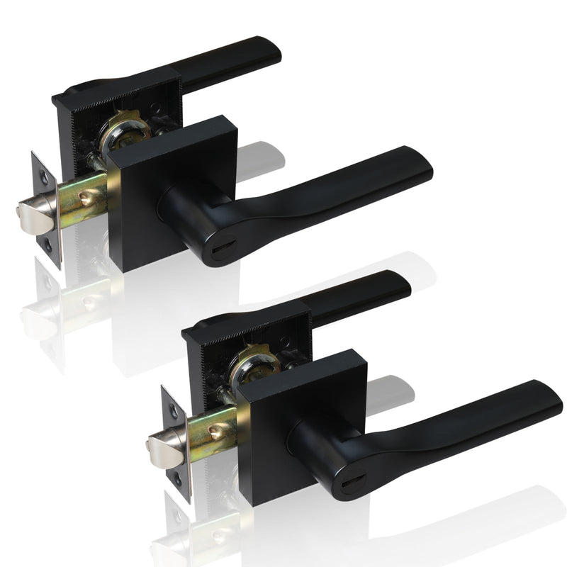 2 Pack Matte Black Door Knob, Interior Privacy Keyless Entry Door Lock, Square Style Reverisble Door Handles, Heavy Duty Door Levers for Bedroom Bathroom Doors 2 Pack Matte Black Tapered Keyless