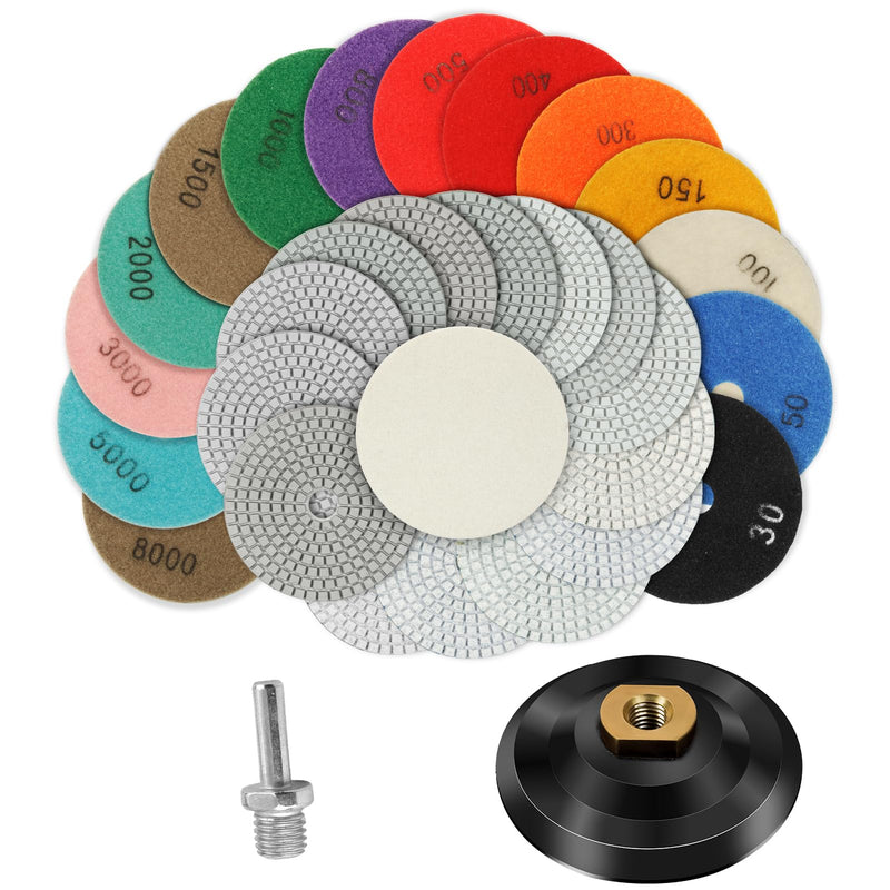 4 Inch Diamond Polishing Pads,16 Pack Wet/Dry Polish Pad Kit with 5/8’’-11 Backer Pad for Drill, Grinder, Polisher,30-8000 Grit Pads for Granite Marble Concrete Stone Quartz 16 Pack