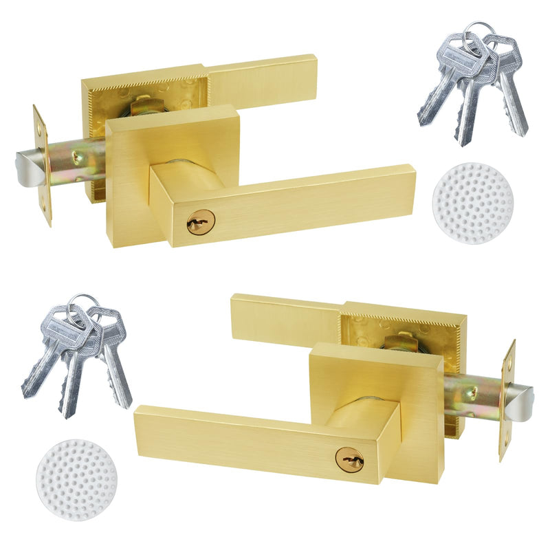 2 Pack Golden Polished Brass Door Lever with Lock and Different Keys,Unlock New Home Style，Reversible for Bedroom, Bathroom & Front Door 2 Pack