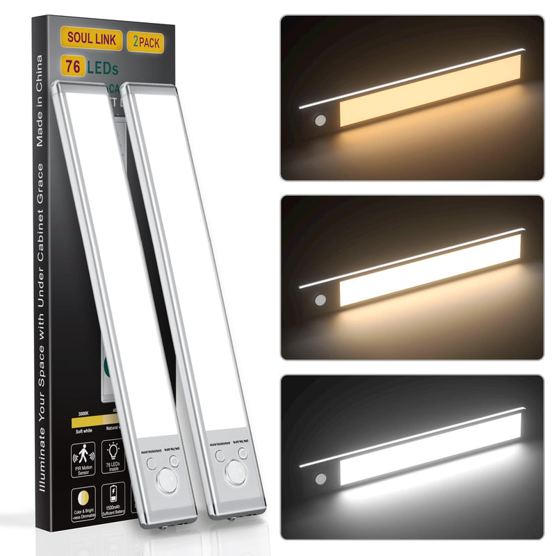 Under Cabinet Lights,76 LED Operated Motion Sensor Light Indoor,1500mAh USB Rechargeable Closet Lights, 2 Pack Magnetic Dimmable Closet Lights，Wireless Under Counter Lights for Kitchen, Stairs 2Pack-9.5inch