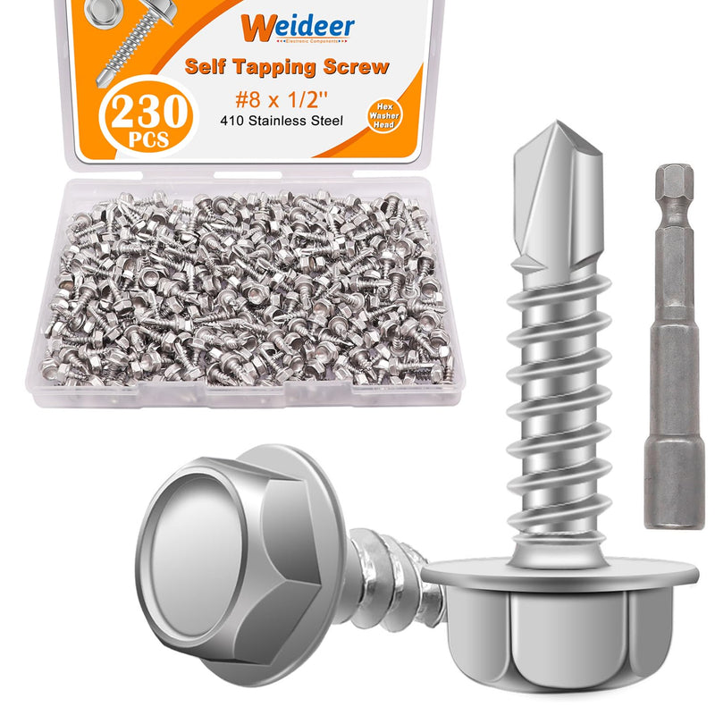 weideer 230pcs #8×1/2" Self Tapping Screws Sheet Metal Screws 410 Stainless Steel Hex Washer Head Self Drilling Screws Quick Tapping Screw with Screwdriver Bit K-132-13-230P-W #8×1/2"