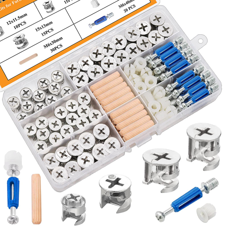 120PCS Cam Locks for Furniture,3-in-1 Eccentric Hardware Wheels,Furniture Cam Lock Fasteners,Multi-Size Nut & Bolt Wood Dowel Pins for Connecting and Repairing Furniture Assortment Sets