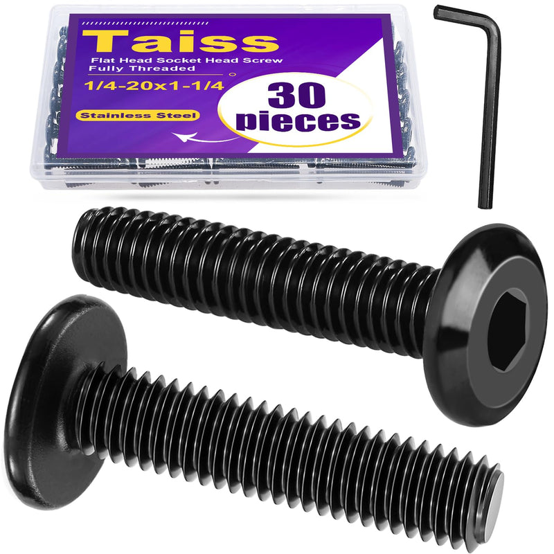 Taiss 30pcs 1/4-20 x 1-1/4" Flat Head Socket Head Screw Furniture Bolts Stainless Steel 18-8(304),Black Zinc Plated Fully Threaded, Countersunk Connector Screws with Hex Spanner 1/4-20 x 1-1/4"