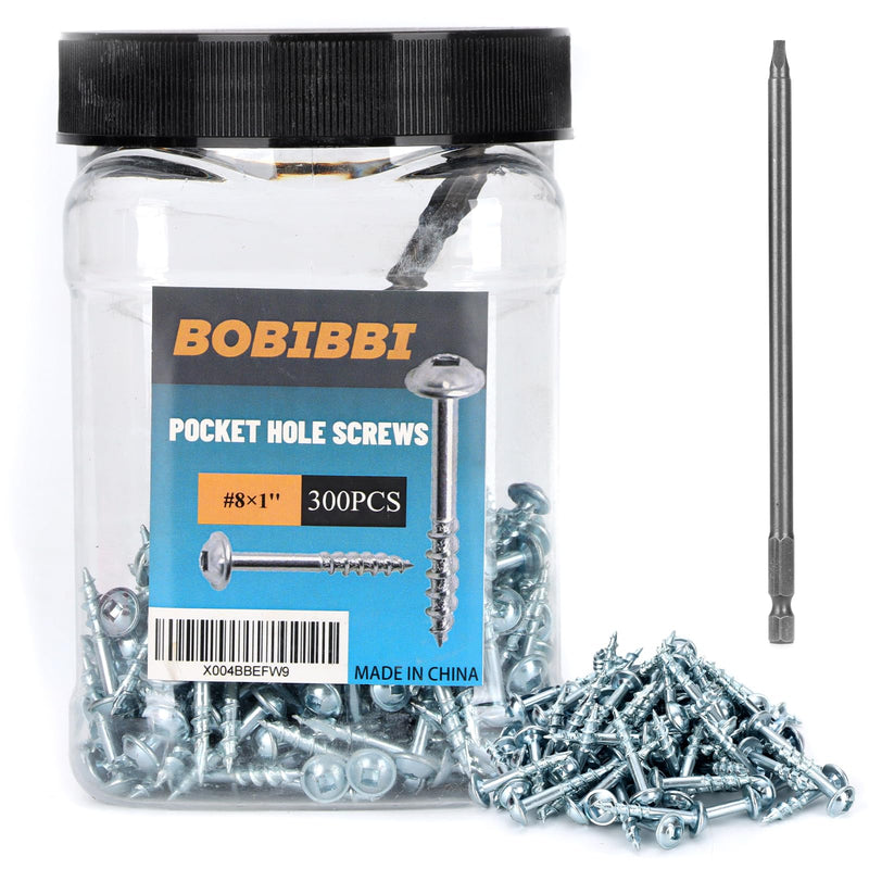 Pocket Hole Screws #8x1 Zinc, Coarse Thread Wood Screws 300Pcs, Washer Head with Square Drive, 150MM Drive Bit Included #8x1" 300