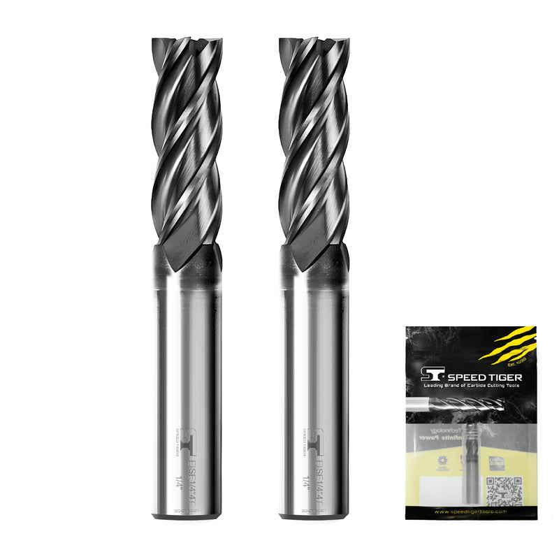 SPEED TIGER EISE 1/4" Carbide Square End Mill - 4 Flutes Milling Bits Set for Alloy Steels, Hardened Steels, Aluminum, Copper, Cast Iron, HRC 50 Deg AlTiN Coating, CNC Router Bits (2pcs) 2 1/4 in