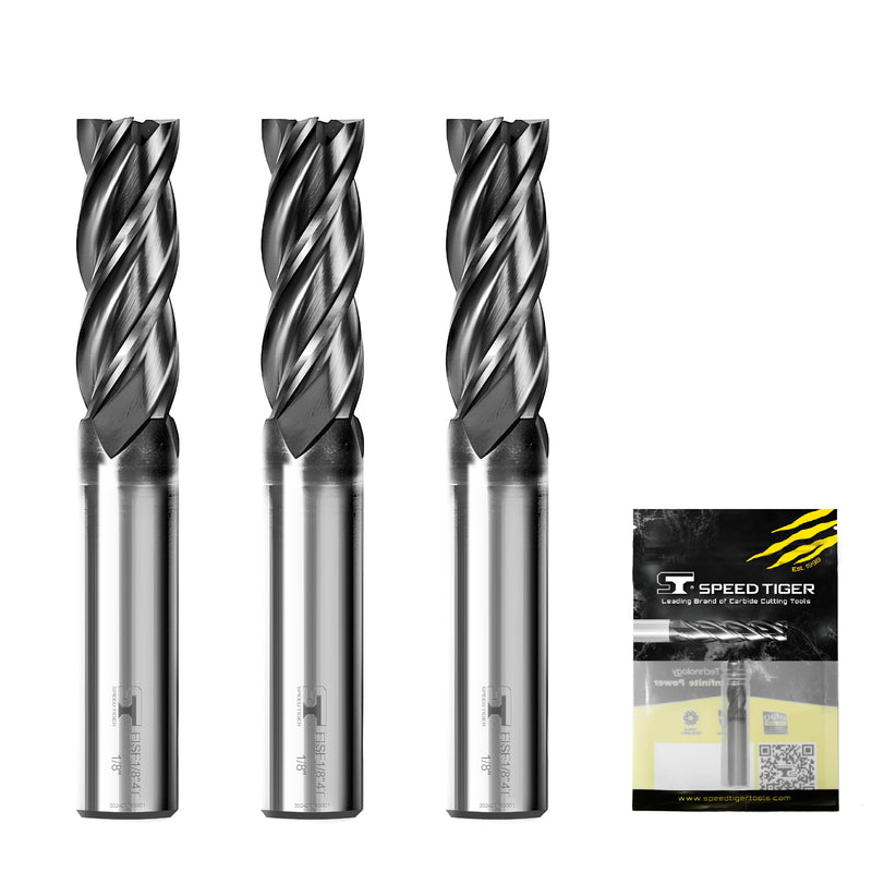SPEED TIGER EISE 1/8" Carbide Square End Mill - 4 Flutes Milling Bits Set for Alloy Steels, Hardened Steels, Aluminum, Copper, Cast Iron, HRC 50 Deg AlTiN Coating, CNC Router Bits (3pcs) 3 1/8 in