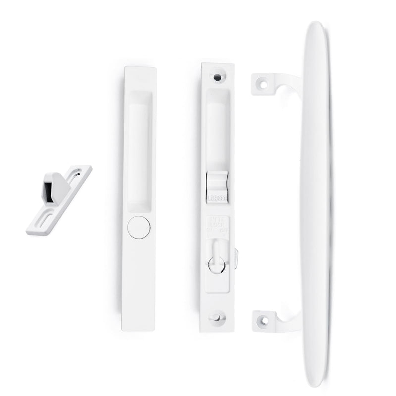 Flush Mount Non-Keyed Sliding Glass Patio Door Lock Handle Set Fits 1" to 1-1/8" Thick Doors 6-5/8" H.C. Night Lock, Hook Latch, Non-Handed (White) White