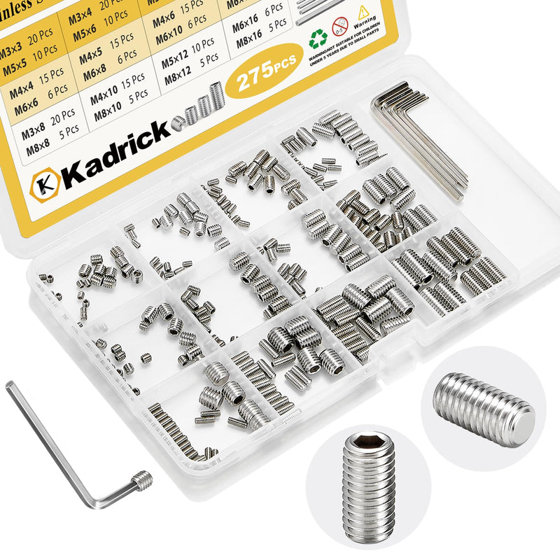 Kadrick 304 Stainless Steel Set Screws, 275 Pcs, M3-M8, 3mm-16mm Lengths 275Pcs Set Screws M3-M8