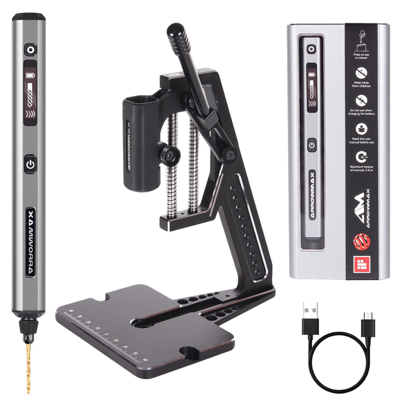 AM ARROWMAX 5-Speed Mini Electric Drill Pen with Benchtop Press, 10 Small Bits with Aluminium Box, LED Lights, OLED Display, Resin Drill Set For Jewelry Making, Plastic, Wood SDS PLUS