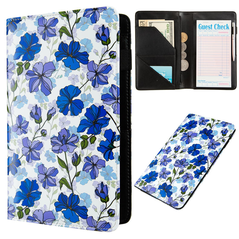 Server Books for Waitress,Cute Pocket Leather Money Organizer Wallet Note Pad Cash Bill Restaurant Guest Check Book Holder Pocket Presenter Fit Server Apron Waitress Book (Blue flower) Blue flower