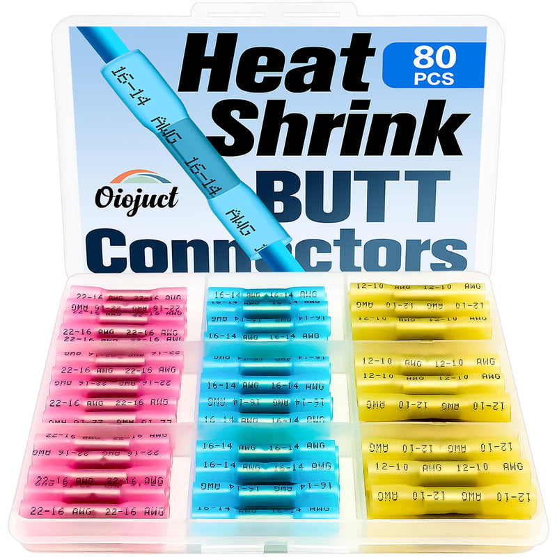 Heat Shrink Butt Connectors - Oiojuct Waterproof Wire Crimps for Marine and Automotive Wiring (80Pcs) 80