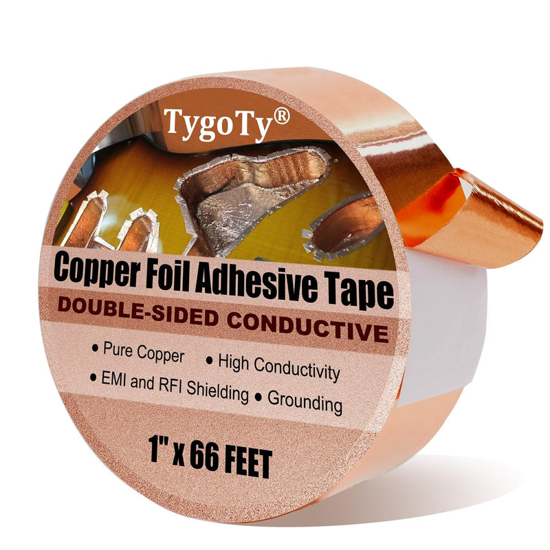 Copper Foil Self-Adhesive Tape 1inch X 66 FT 100% Pure Copper Double-Sided Conductive for Guitar, Stained Glass Soldering, Slugs,EMI Shielding, Crafts DIY, Electrical Repairs and Grounding
