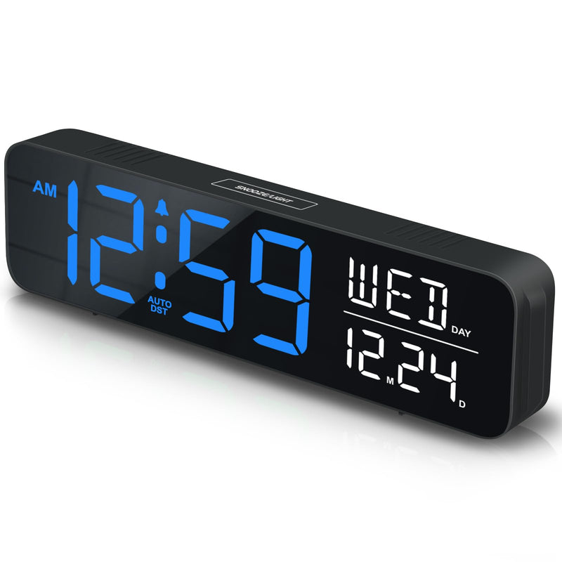 Peakeep Large Display Digital Alarm Clock for Bedrooms, Date Day of Week Calendar Desk Table Clocks for Living Room Office, Dimmable Plug in Electric Clock, 5 Volumes, Loud, Auto DST Blue and White