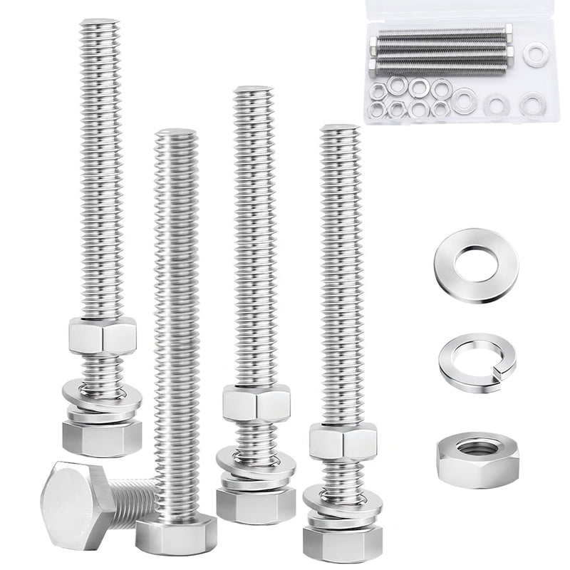 4 Sets 3/8-16 x 4 Stainless Steel Hex Head Screws Bolts, Nuts, Flat & Lock Washers, 18-8(304) Full Thread 3/8-16 × 4"（4 Sets）