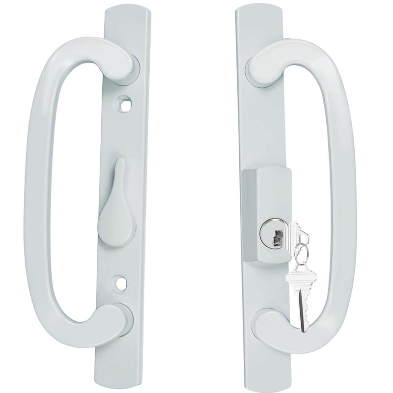Keyed Sliding Patio Glass Door Handle Set Fits for Truth Legacy & Sash Controls P/N #2265, 45° Keyway w/o Mortise Lock, 3-15/16" Hole Centers, Non-Handed, White Diecast, B Position Offset Position