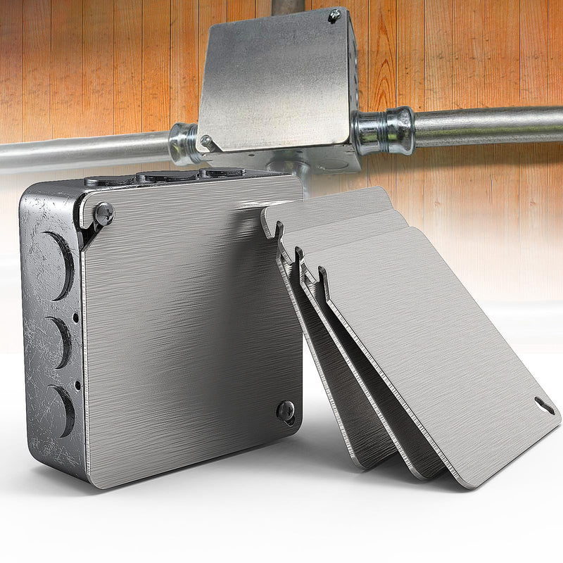 Metal Electrical Box Cover Plates, 4 Pcs Junction Box Covers, 4 Inch Square Flat Blank Electric Box Cover, Solid Cold Rolled Steel Outlet Box Cover for 4x4'' Square/Octagonal Box
