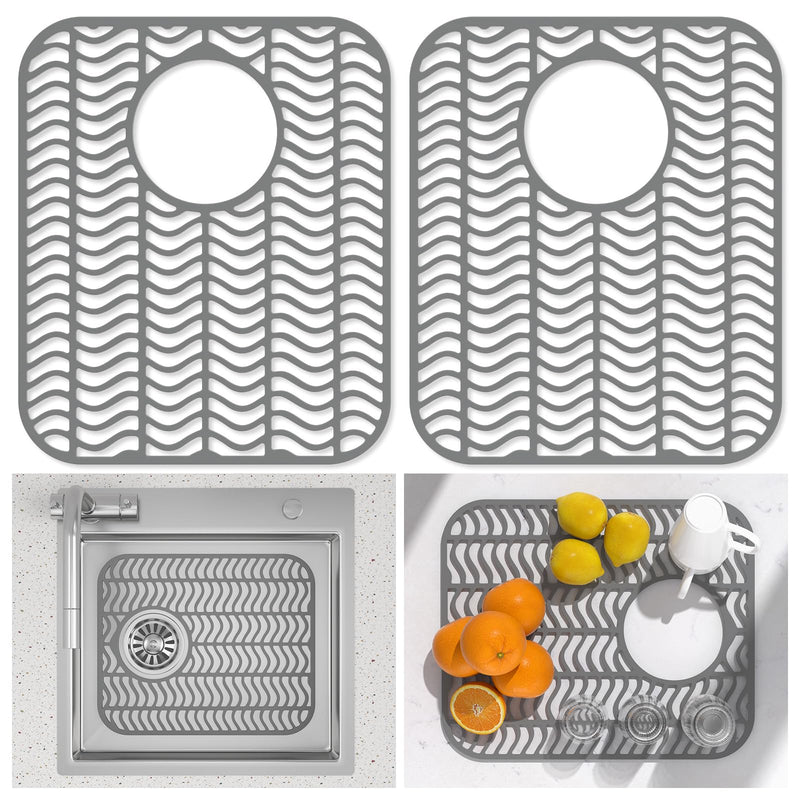 Kitchen Sink Mats, TOOVEM 2PCS Non-Slip Heat Resistant Silicone Sink Mats Protectors Kitchen Sink Mat for Bottom of Farmhouse Stainless Steel Porcelain, 13.58 x 11.6 Inch Gray