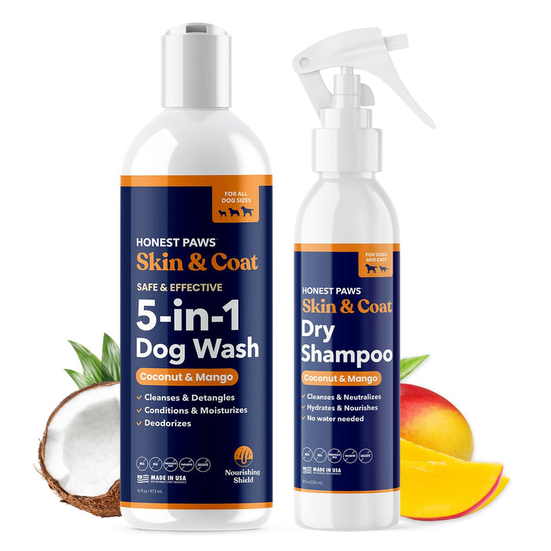Honest Paws Dog Shampoo Conditioner - Grooming Bundle with Dry Shampoo - Cleanse, Moisturize, Deodorize, Condition, Detangle - Coconut & Mango - PawsPlanet Australia