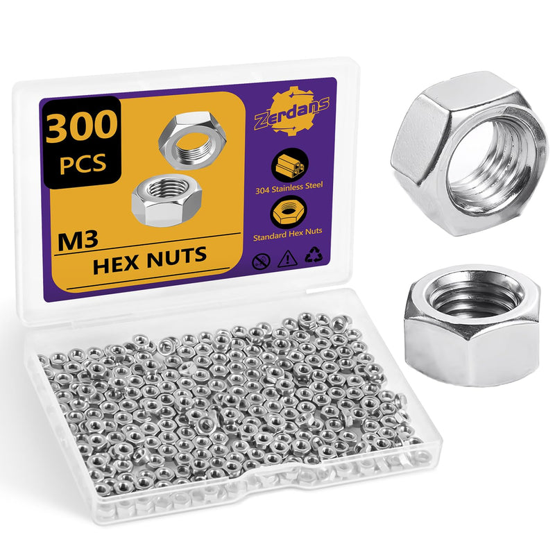 M3 Hex Nuts, 300Pcs Hardware Nuts, Metal Nuts, Steel Nut, (18-8) 304 Stainless Steel Metric Nuts Set, Assorted Hardware Nuts Sets for Bolt for Furniture, Automotive, Industry and Construction M3 300