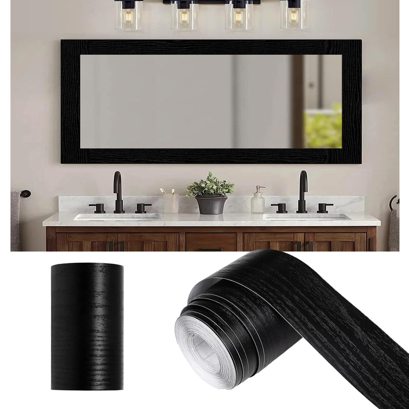 10M Black Wood Grain Mirror Frame Border Peel and Stick Wallpaper, Removable PVC Waterproof Bathroom Mirror Tape Sticker Trim, Kitchen Wallpaper Self Adhesive Decor Sticker 1.96" x 393" 1.96'' x 393''