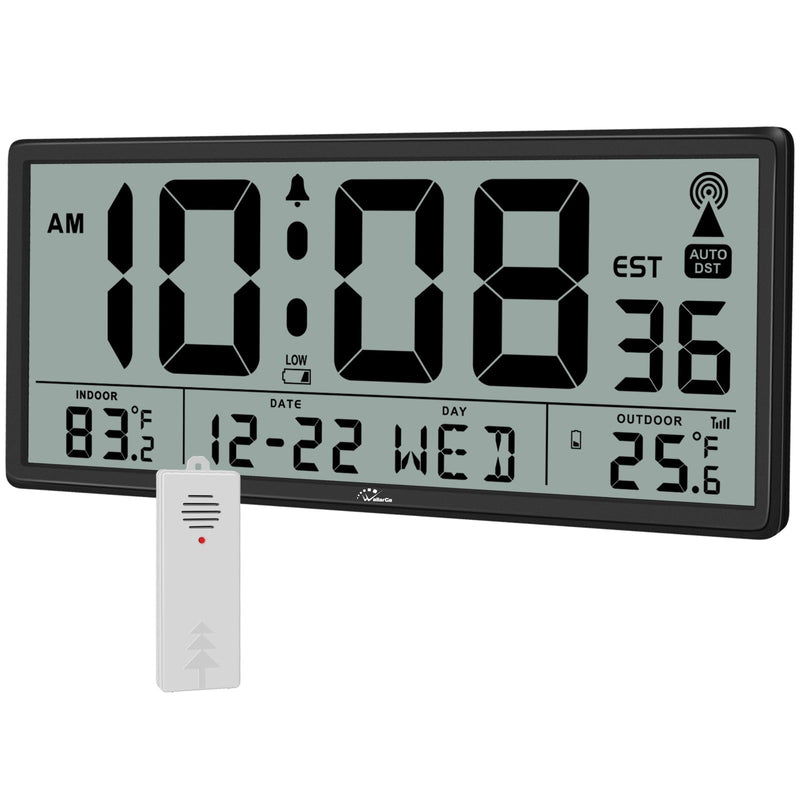 WallarGe Atomic Clock with Indoor Outdoor Temperature - Easy to Read - Self Setting, 14.5'' Jumbo Auto Set Digital Wall Clock Battery Operated Carbon