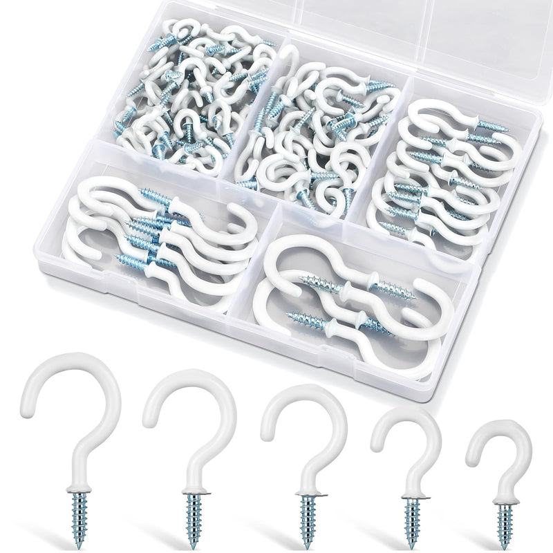 110Pcs Premium Screw Hooks, White Vinyl Coated Cup Hooks, 5 Sizes Hook Screws, from1/2 in Small Hooks to 1-1/2 in Ceiling Hooks Heavy Duty, Screw in Hooks for Hanging Plants, String Lights