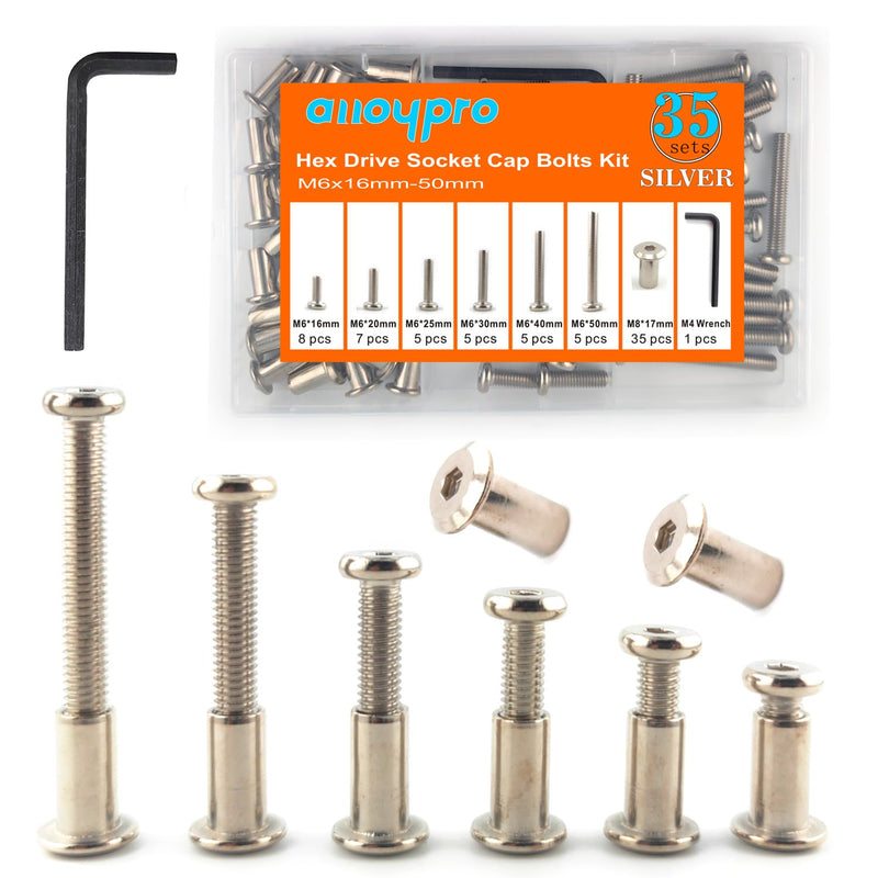M6 Hex Drive Socket Cap Bolts Screws Kit, 30-Sets Binding Post Screws Socket Cover Connecting Bolt Fixing Post Screw for Furniture Chair Crib Table Cabinets,M6x16mm/ 20mm/ 25mm/ 30mm/ 40mm/ 50mm Silver Silver-6sizes-35sets