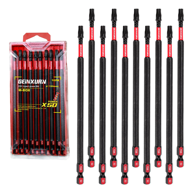10 Pieces 6 In. T25 Impact Tough Magnetic Screwdriver Bit Set, #25 Torx Head Power Bits, S2 Alloy Steel Star Bits with Storage M-Box 6"-10pcs