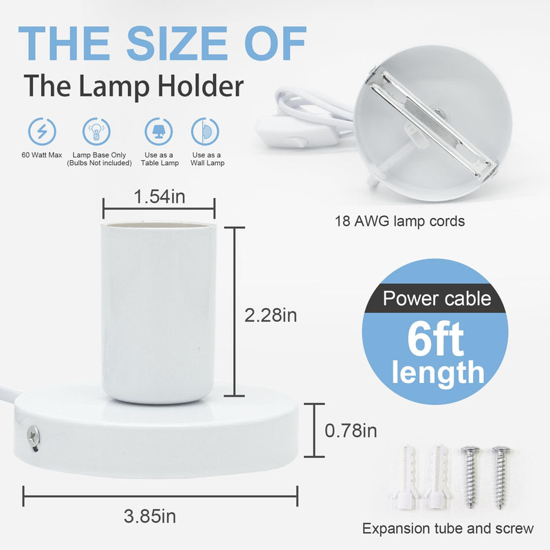 Industrial Table Lamp Base,Small Polished Metal Desktop Lamp Base Only,E26 E27 Screw Light Bulb Holder Base Lamp Replacement Base for Holding Bulb,6 Feet Cord on Off Switch Plug White 1 Pcs