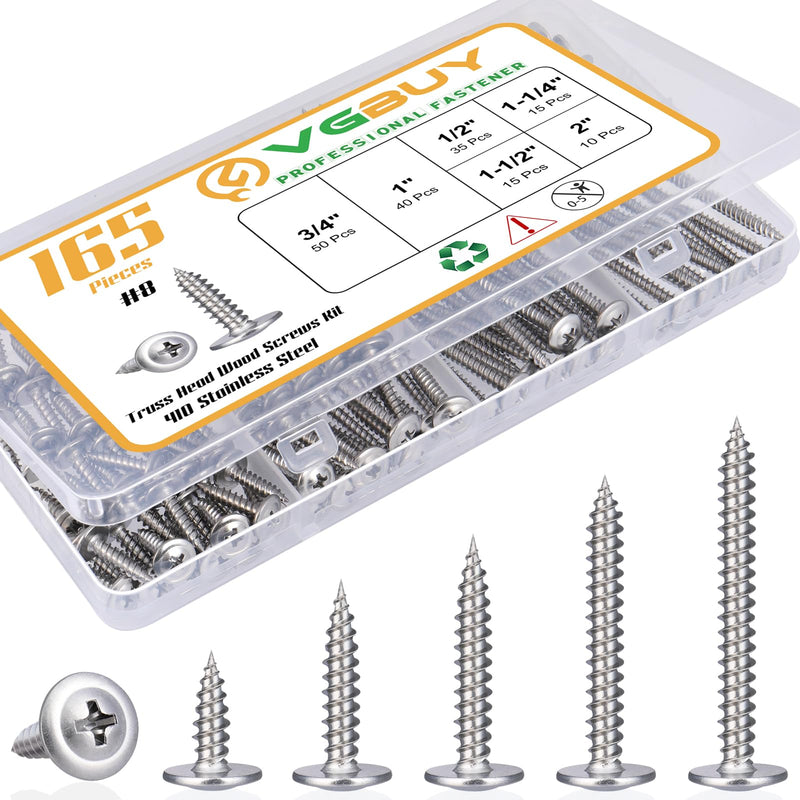 165Pcs #8 Modified Truss Head Wood Screws Assortment Kit, Stainless Steel 410 Quick Metal Self Tapping Screws, 6 Sizes (1/2", 3/4", 1", 1-1/4", 1-1/2", 2") Silver