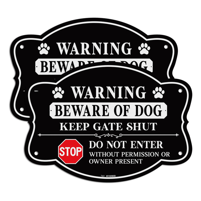 T&R Beware of Dog Sign Keep Gate Shut Do Not Enter Sign - 2 Pack - 9.5 x 6.8 Inches Rust Free .040 Aluminum Reflective - UV Protected, Waterproof, Weatherproof and Fade Resistant - 4 Pre-drilled Holes 9.5" x 6.8" - 2 Pack - Beware of Dog Do Not Enter