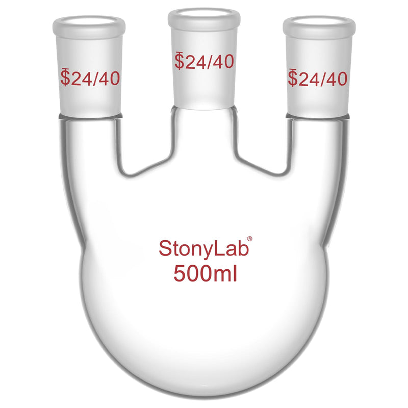 stonylab Round Bottom Flask with 3 Straight Neck-24/40 Standard Joints, 500 ml High Borosilicate Glass, Ideal for Chemistry, Laboratory, Scientific Experiments, Distillation, and Reflux Applications