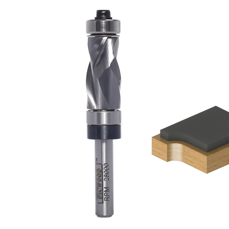 Compression Top and Bottom Bearing Flush Trim Router Bit 1/4 Shank - 1/2" Cutting Dia, Carbide Spiral Up-Down Pattern Template Flush Cut Router Bit, for Wood Trimming 1/2" Dia, 1" Height., 1/4 Shank. Top&Bottom Bearing