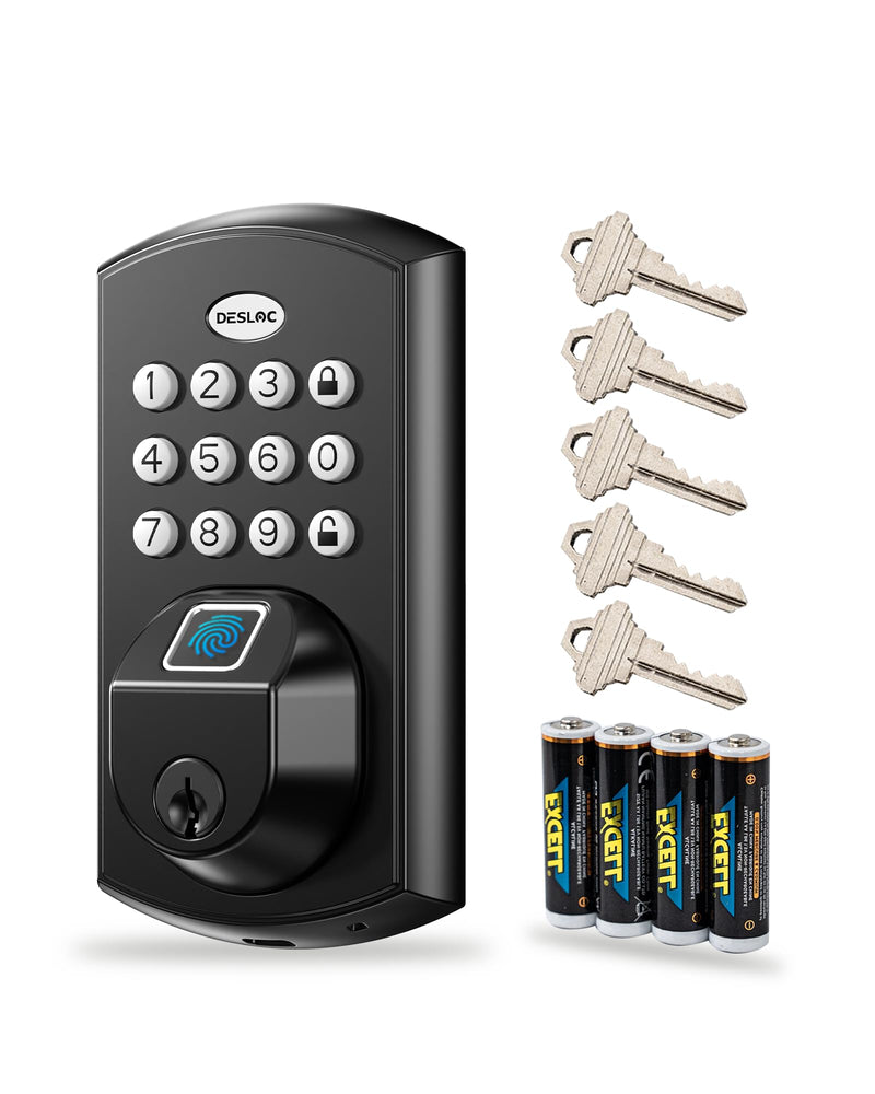 DESLOC A100F Keypad Fingerprint Door Lock, Keyless Entry Door Lock, Smart Lock Deadbolt for Front Door, Easy Installation, Emergency Power Port,12 Months Battery, IP54 Waterproof, 5 Keys No Handle