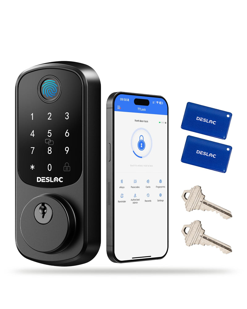 DESLOC Smart Door Lock B200, Smart Deadbolt Lock, Keyless Entry Door Lock, Fingerprint Smart Lock, Smart Locks for Front Door, App Control, Touchscreen Keypad Deadbolts,12-Month Battery, BHMA Grade3 Black
