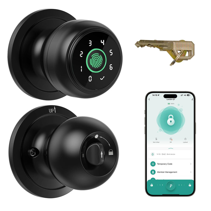 Lockin 4 in 1 Fingerprint Door Lock, Smart Door Knob with Lock, Biometric Door Lock with App Control & Key, Auto Door Lock with Code, Keyless Entry Door Lock for Bedroom, Front Door, Hotel, Apartment Modern